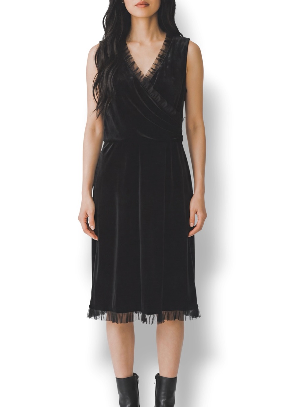 Sandra Darren Black Velvet Ruffle Trim Faux Wrap Midi Dress Size 14
